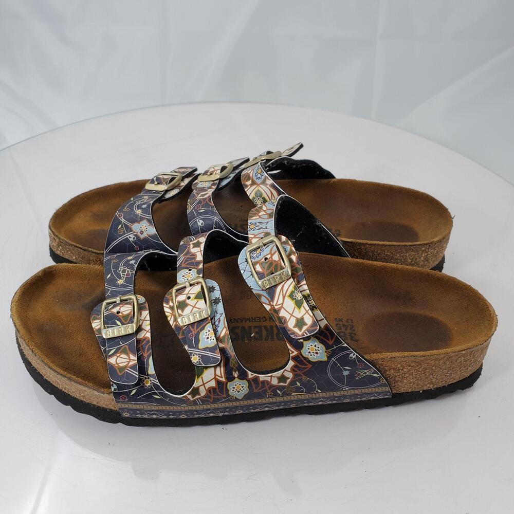 Birkenstock Sandals Women 7 38 Blue Floral Strappy Cork Damage Shoes